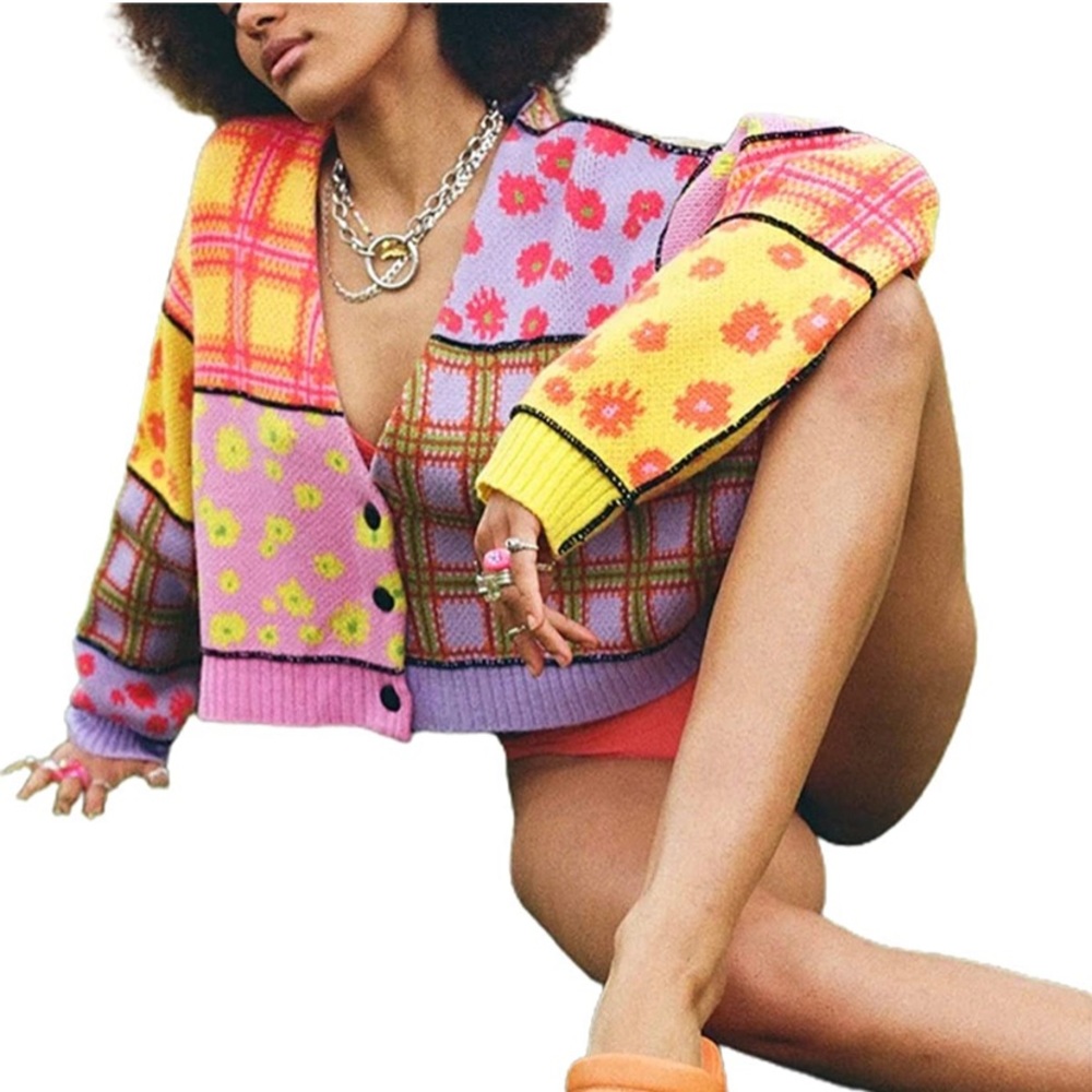Women’s Knit Cardigan Sweater Long- sleeve V-neck Cropped